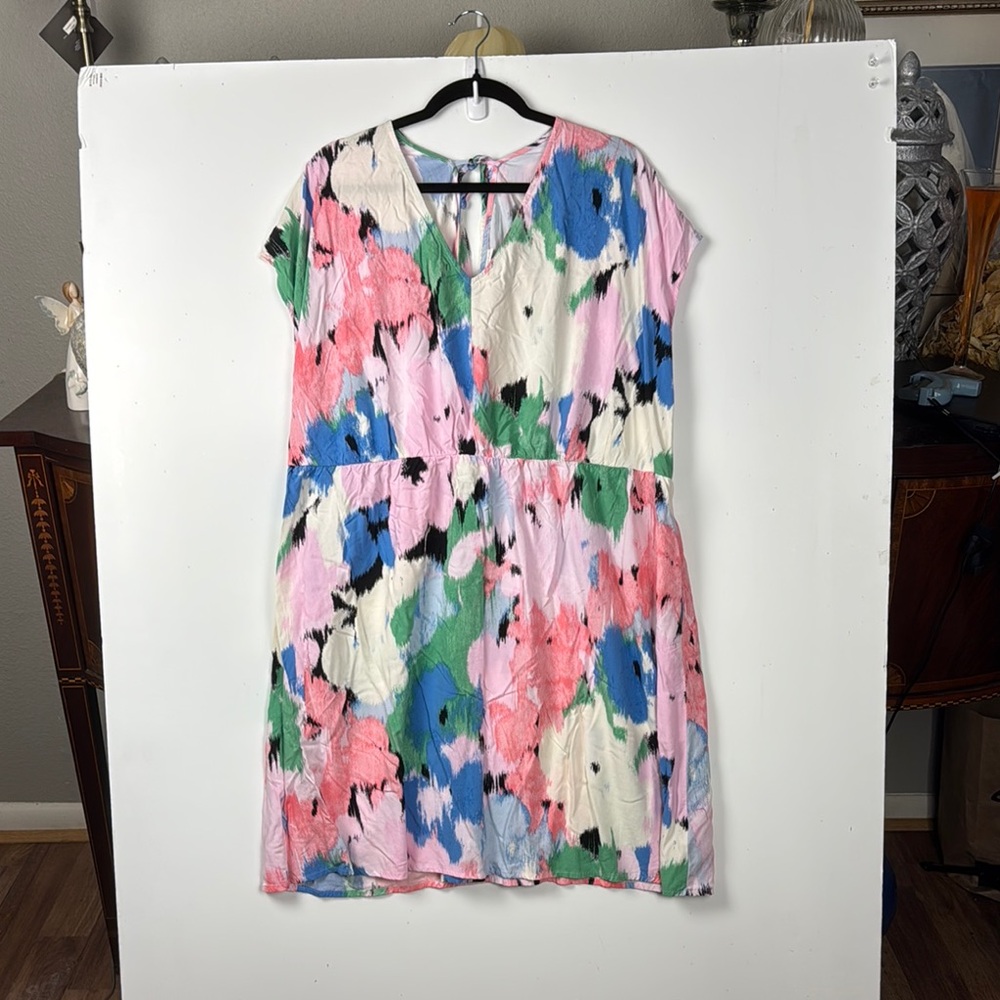 Ava & Viv Multicolor Abstract Floral Midi Dress Sz 2X NWOT CAP SLEEVES